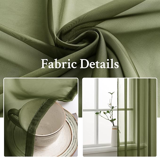 MIULEE Olive Green Sheer Curtains 54 X 84 Inches, 2 Panels | Solid Color - Image 3