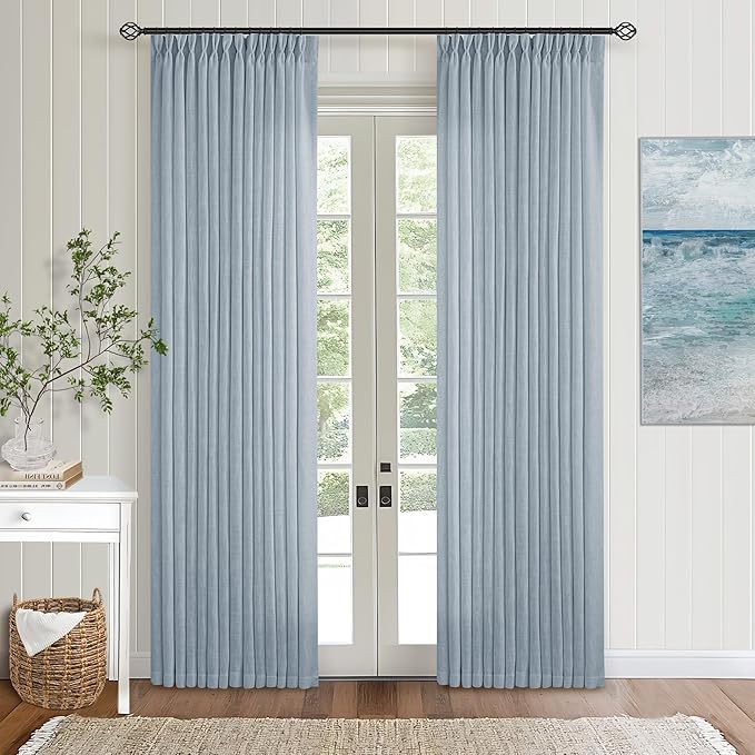 Dusty Blue 80 Inch Pinch Pleated Linen Curtains 2 Panels Set | Light Filtering - Image 9