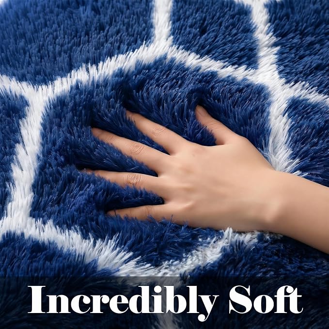 Area Rugs for Boys Bedroom Living Room, 4x6 Fluffy Navy Blue and White Rug | - Image 2