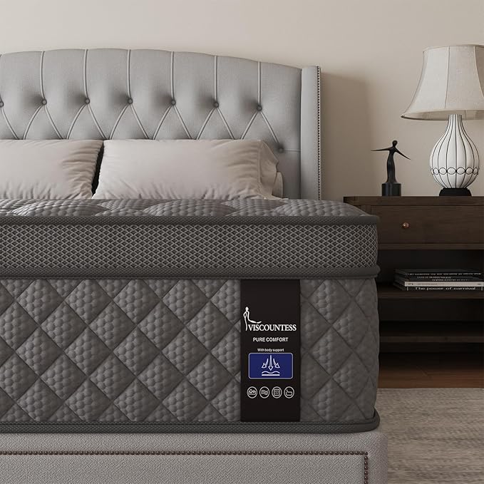 Twin Mattress, 12 Inch Hybrid Mattresses Grey, Euro Top Mattress Medium Firm for Back & Lumbar Support, Individual Pocket Spring Bed for Motion Isolation & Pressure Relief