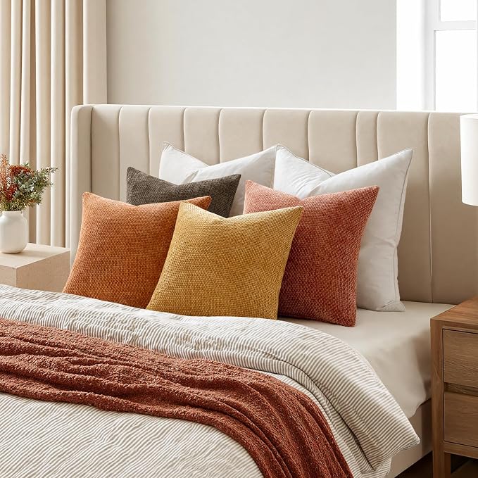 MIULEE Decorative Chenille Fall Pillow Covers Orange Brown 18x18 Pack of 4 | - Image 6