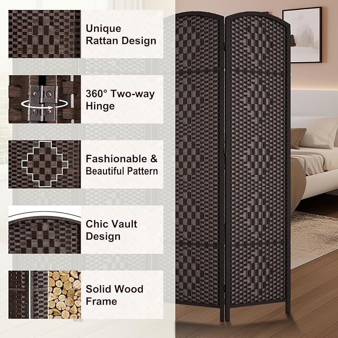 Rose Home Fashion 6 ft Tall Room Divider, Room Dividers and Folding Privacy Screens, 15.7in Privacy Screen 8 Panel Partition Temporary Wall Separation for Private, Dark Coffee