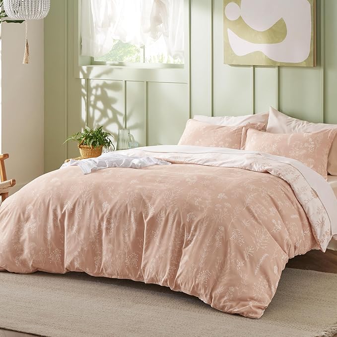 Bedsure Queen Comforter Set - Dusty Rose Bed Set, 3 Pieces Cute Floral Bedding, 1 Soft Reversible Botanical Flowers Comforter and 2 Pillow Shams