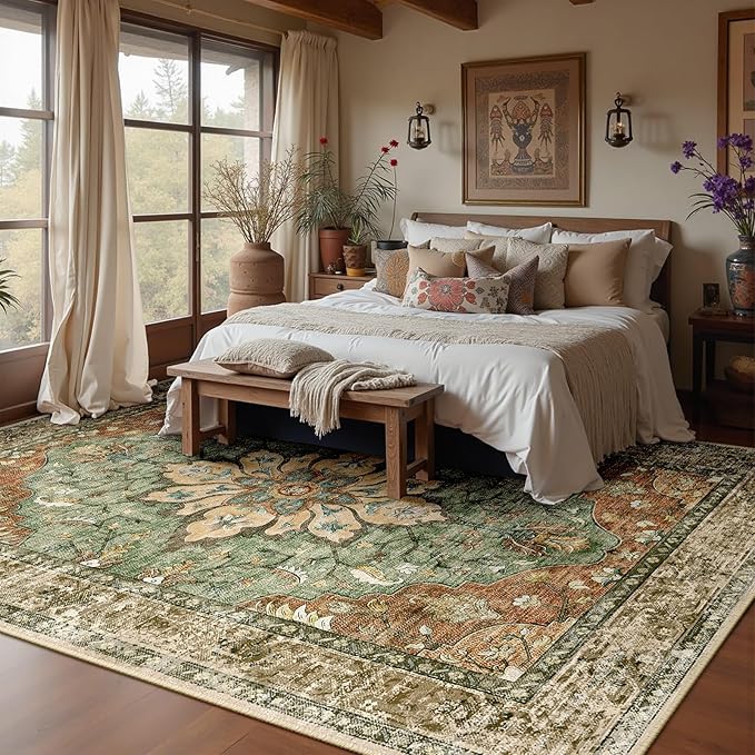 RELEANY Washable Area Rug, Brick/Brown/Green | Non-Slip, Water Repellent - Image 3