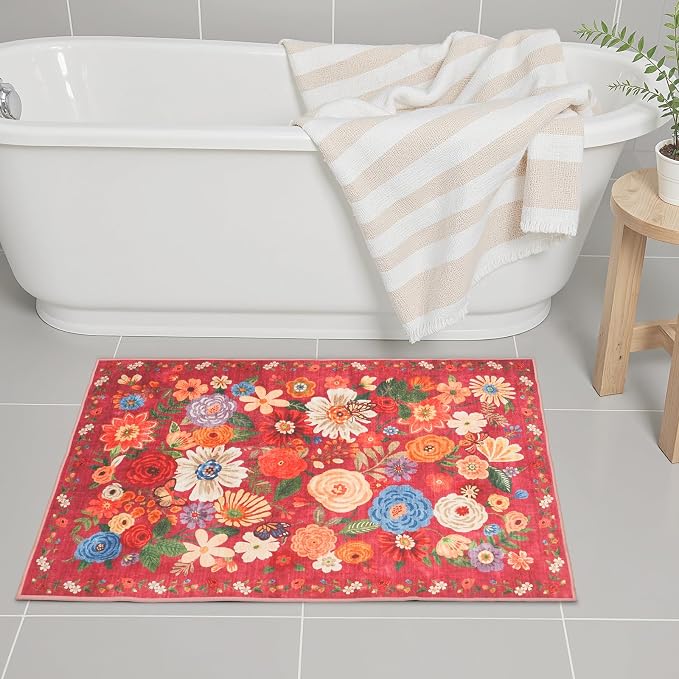 Floral Entry Rug Small Red Door Mat 24x17Inch - Image 5