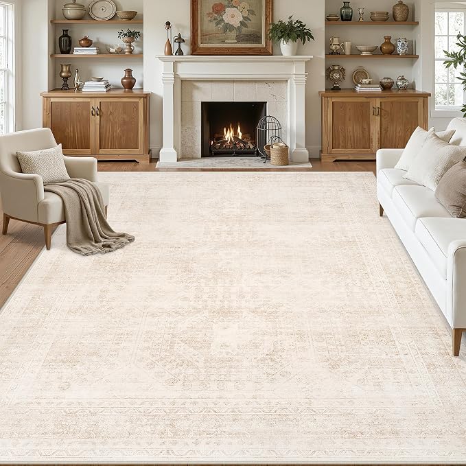 8x10 Area Rugs Living Room: Bedroom Neutral Washable Carpet Beige | Large by Luxturiy