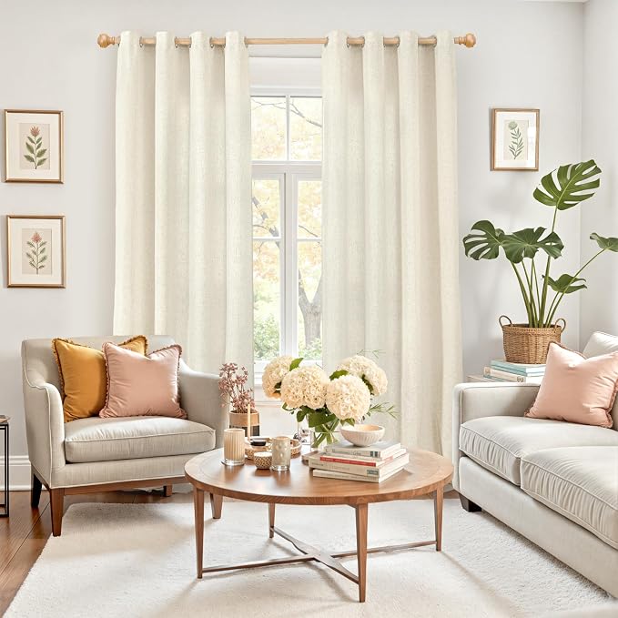 YoungsTex 90 Inch Length Beige Linen Curtains 2 Panels - Image 2