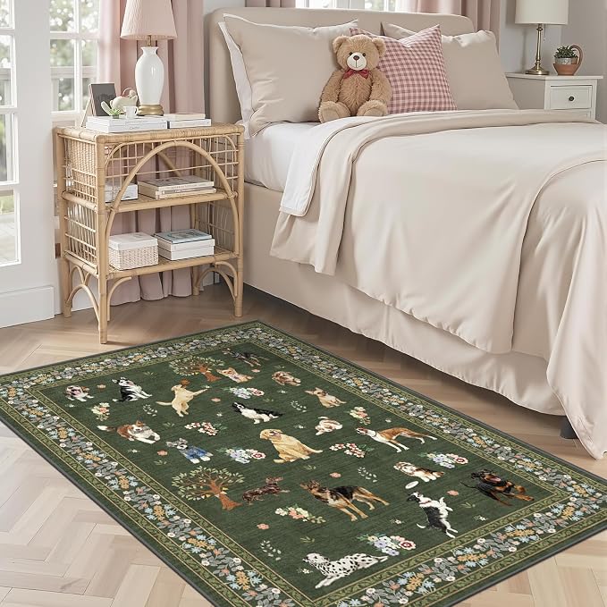 Dark Green Area Rug 4x6 for Bedroom Dining Room | Boho Style; Low Pile; Non - Image 2
