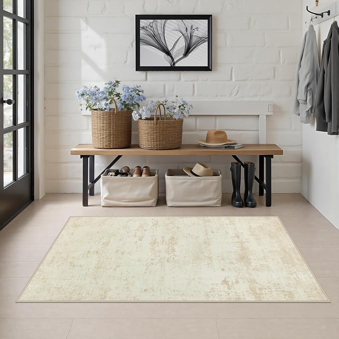 Area Rug Living Room: 3x5 Modern Washable Indoor Soft Carpet Beige | - Image 3