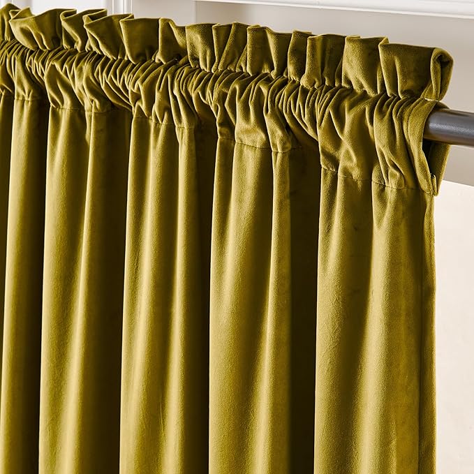 Lazzzy Velvet Blackout Curtains Thermal Insulated Room Window Drapes Super Soft Luxury Curtains for Living Room Bedroom Rod Pocket 2 Panels, Golden Olive, 52" W x 96" L