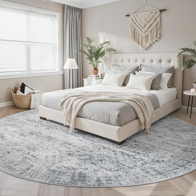 Soalmost Round Rugs 8ft Living Room Circle Area Rug 8x8 Grey Vintage | Washable - Image 2