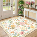 RELEANY Floral Washable Square 4ft Area Rug Beige/White/Orange | Flower Carpet by RELEANY