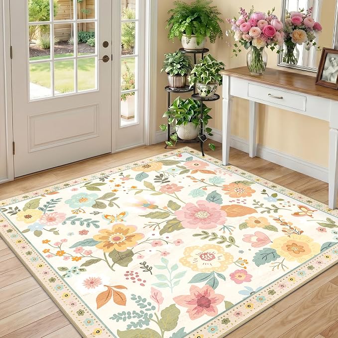 RELEANY Floral Washable Square 5ft Area Rug Beige/White/Orange | Flower Carpet by RELEANY