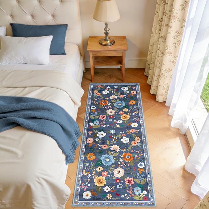 Floral Washable 2x5 Area Rugs Runner Entryway Hallway Blue/Grey | Flower Carpet - Image 8
