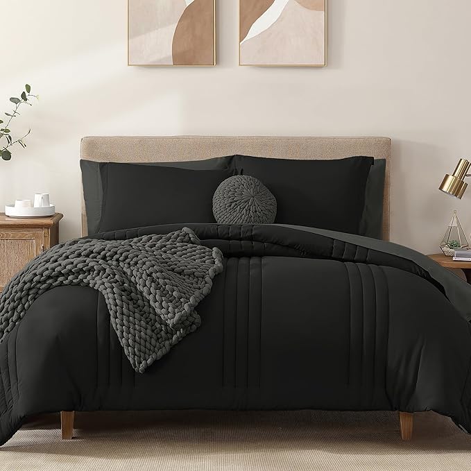 Monbix California King Size Comforter Set - 7 Pieces Bed in a Bag California King, Black Bedding Sets with Comforter, All Seasons Down Alternative Comforter Bed Set with Sheets, Pillowcases & Shams