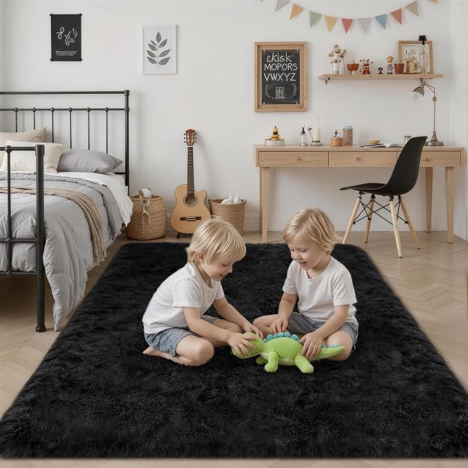 9x12 Area Rug Living Room Bedroom: Fluffy Plush Shag Carpet Black | - Image 7