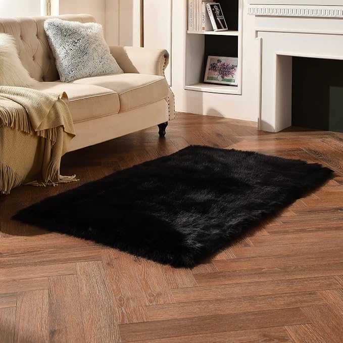 duduta Black Faux Sheepskin Fur Rug 3x5 ft, Fluffy Carpet Rug | Shag Fuzzy - Image 6