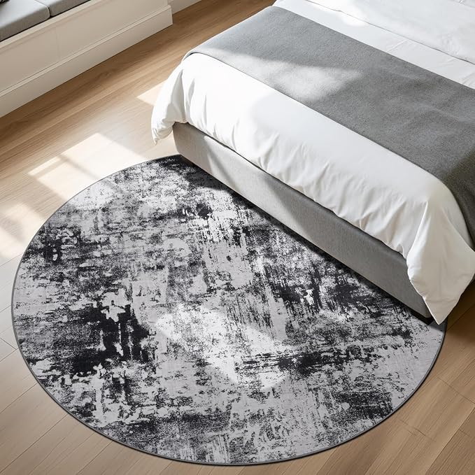 Rugflix Round Area Rugs 8Ft for Living Room, Washable Black Grey Circle Rug | - Image 3