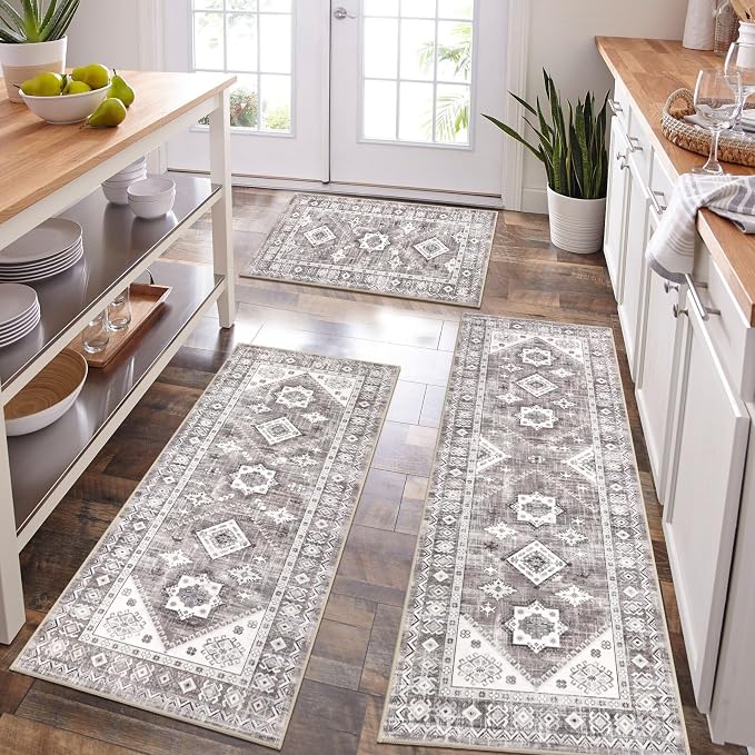 HEBE Boho Kitchen Rugs Set of 3, Non Slip Washable Kitchen Mats by HEBE
