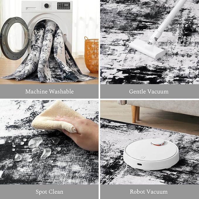 Rugflix 5x8 Area Rugs for Living Room, Washable Black Grey Dark Large Rug | - Image 4