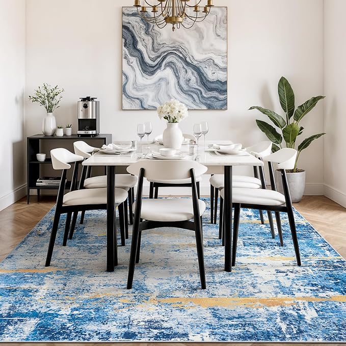 Rugflix 5x7 Area Rugs for Living Room, Washable Sky Blue Gold Large Rug | - Image 3