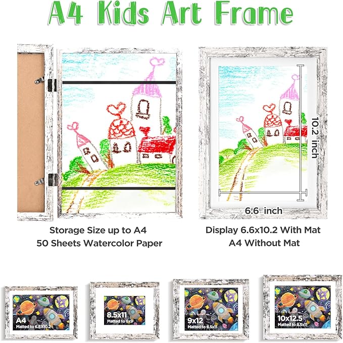 KINLINK A4 Kids Art Frame Set of 2, Solid Wood Kids Artwork Frames Changeable with Acrylic Front Opening Holds 150 Pictures 8.3x11.7, Art Frames for Kids Artwork with Mat or without Mat, Rustic White