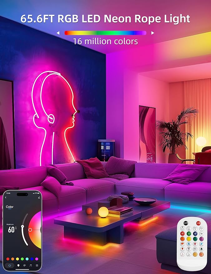 Lamomo 65.6Ft LED Strip Lights, RGB Neon Rope Light with App Remote Control, Music Sync Color Changing Waterproof Flexible Led Light Strip, Cuttable Gaming 24V Neon Lights for Bedroom Indoor