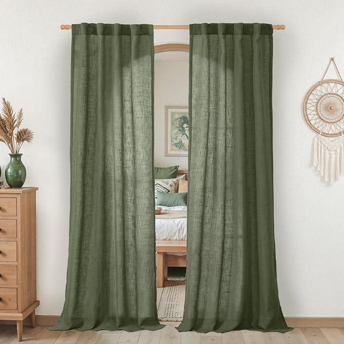 Olive Green Linen Curtains 80 inch Length 2 Panels by LAMIT