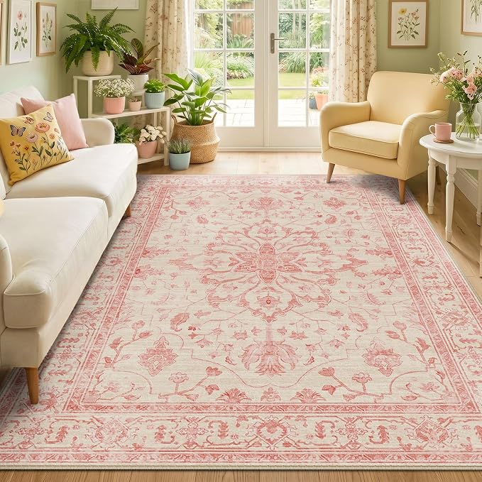 RELEANY Washable Area Rug, Water Repellent, Pet Friendly, Vintage Floral Boho by RELEANY