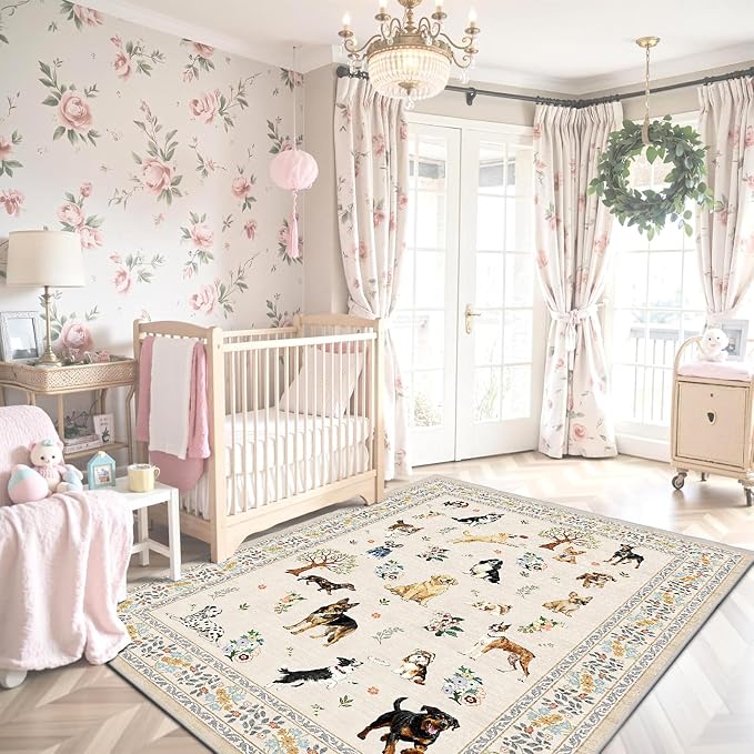 Beige Floral Area Rug 4x6 for Bedroom Livingroom | Low Pile; Non Slip;Machine - Image 2