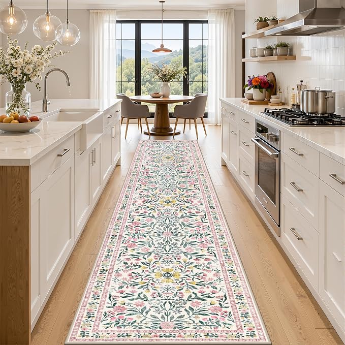 PLHXFR 2.6x14 Washable Runner Rug：Floral Indoor Kitchen Carpet Pink Green | by PLHXFRSoftAreaRugs