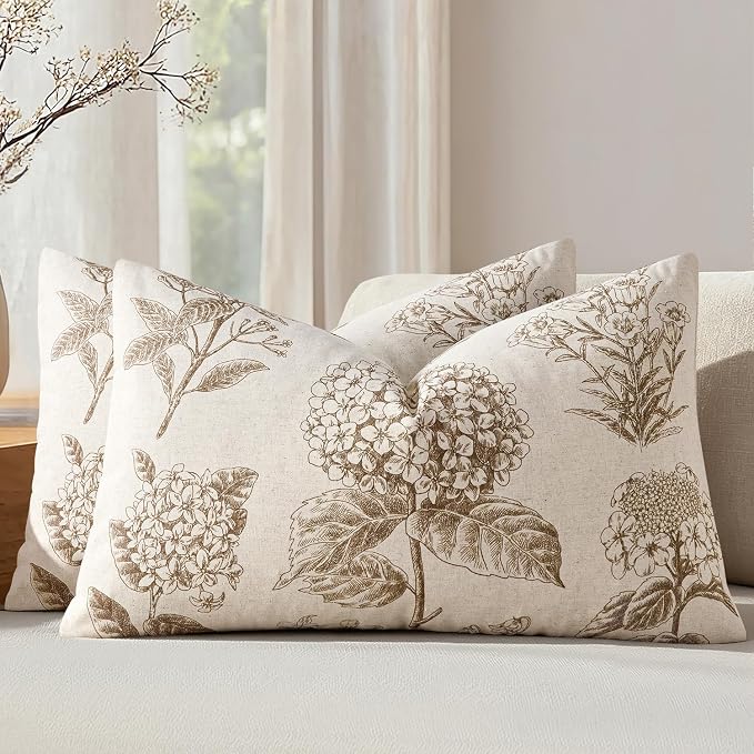 Set of 2 Lumbar Floral Pillow Covers 12x20 Inch Light Brown | Decorative by SWANCOCO