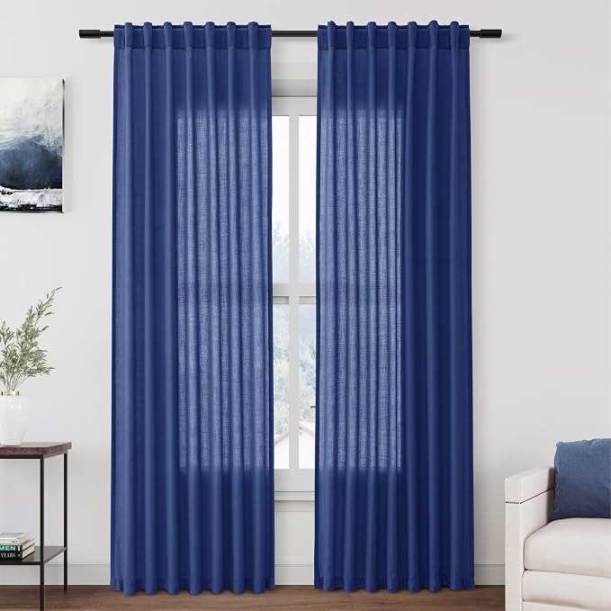 Classic Blue Linen Curtains 84 Inch Length 2 Panels Set by Nanspring