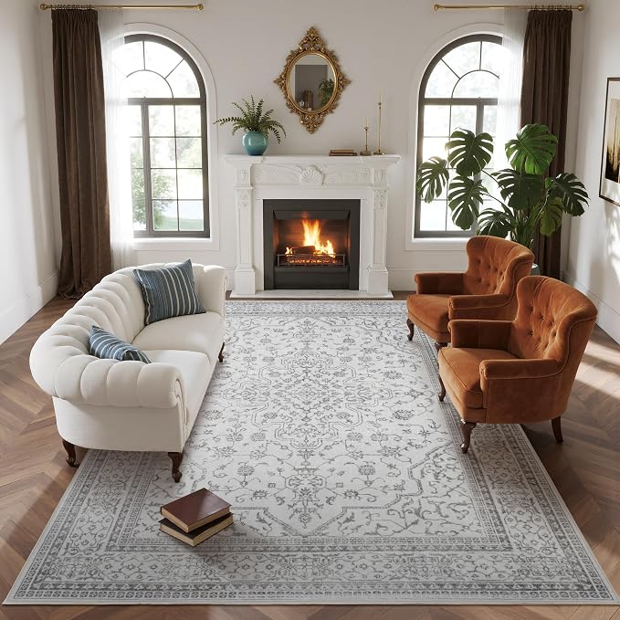 8x10 Boho Washable Area Rugs for Living Room, Dining Room-Gray White | Retro by Lbris