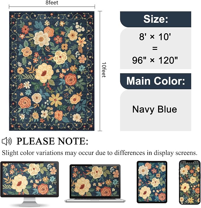 DUKINO 8x10 Area Rugs, Floral Washable Living Room Rug Non Slip, Stain Resistant - Image 2