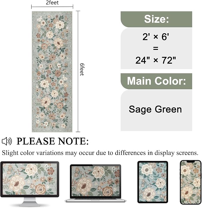 DUKINO 2x6 Runner Rug for Hallway Washable Kitchen Rugs Non Slip Sage Green | - Image 2