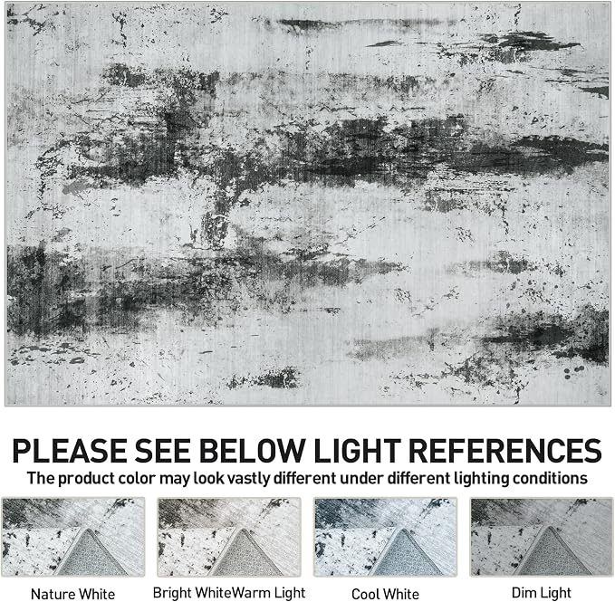 6x9 Area Rugs for Living Room: Washable Abstract Black White Grey Carpet | - Image 7