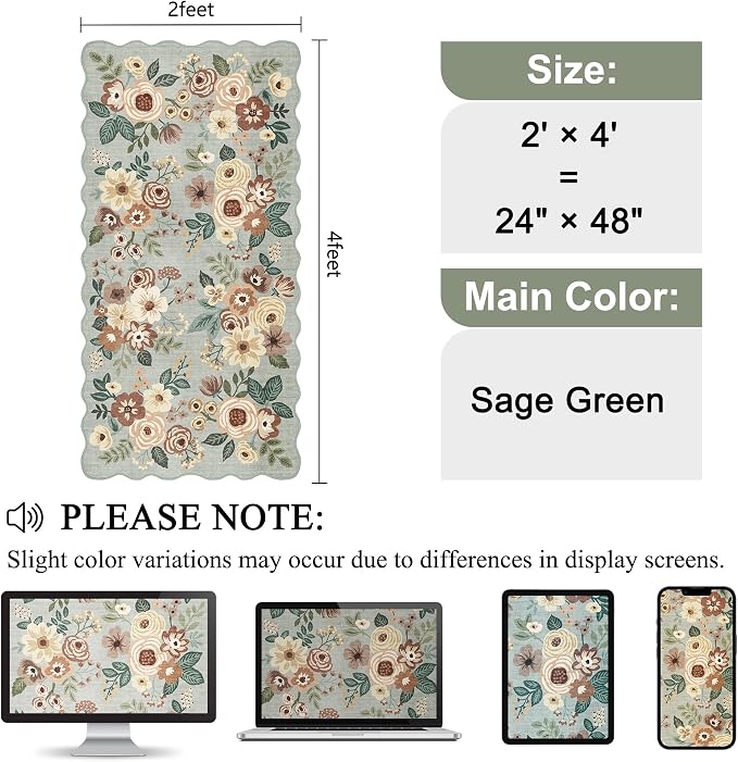 DUKINO 2x4 Rug for Entryway, Floral Washable Kitchen Rugs, Sage Green | Non Slip - Image 2