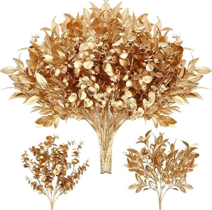 Lyrow 20 Pack Gold Artificial Plants for Christmas Decor Artificial Eucalyptus Leaves Spray Flowers Gold Eucalyptus Stems Branch for Xmas Home Hotel Vase Filler Wedding Party