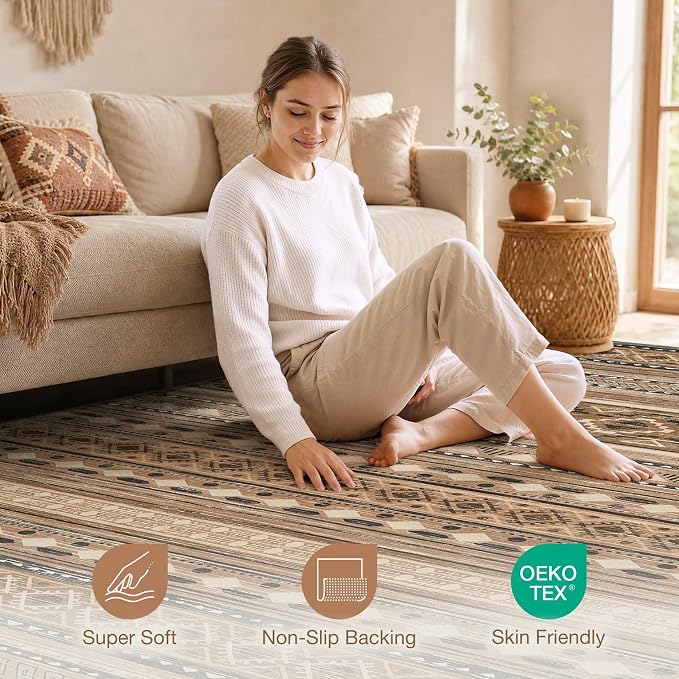 cotiled 10x12 Area Rugs Washable Boho Living Room Rug Brown/Beige | Stain - Image 4