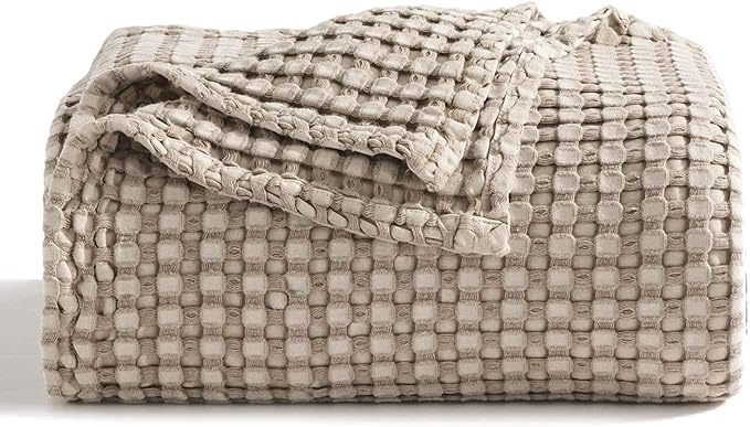 Bedsure Cooling Cotton Waffle Queen Size Blanket -Lightweight Breathable Fall Blanket of Rayon Derived from Bamboo for Hot Sleepers, Luxury Throws for Bed, Couch and Sofa, Taupe, 90x90 Inches