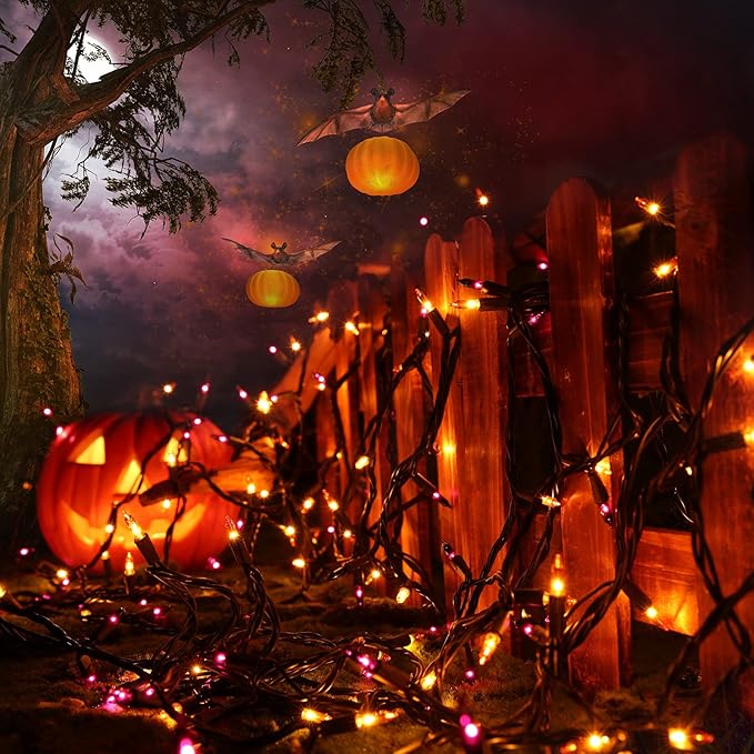 Toodour Orange & Purple Halloween Lights, 25ft 100 Count Incandescent Halloween String Lights, UL Certified Connectable Mini Bulbs String Lights for Outdoor, Indoor, Garden, Porch, Party, Home Decor