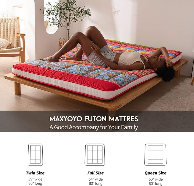 MAXYOYO Twin Size Futon Floor Mattress Shikibuton Sleeping Mats for Adults, Floor Futon with High-Density Foam, Portable Mattress for Living Room, Guest Room, Bohemian C