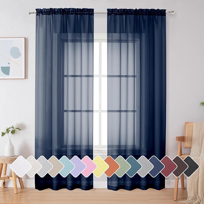 Simplebrand Blue Sheer Curtains 84 Inches Long, Light Filtering Rod Pocket by Simplebrand