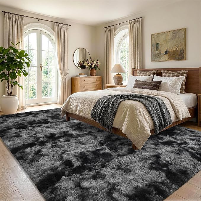 4x6 Tie-Dyed Dark Grey Fluffy Area Rug Non-Slip - Image 3