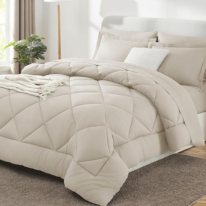 CozyLux California King Comforter Set Beige - Cal King Bed in a Bag 7 Pieces, Luxury Soft Bed Set for All Seasons, Bedding Set with Comforter, Sheets, Pillowcases & Shams