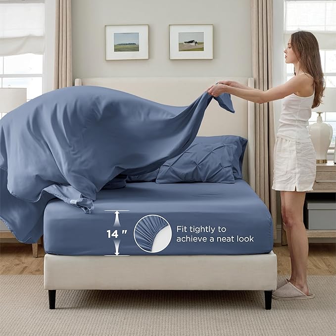 Bedsure Queen Comforter Set Slate Blue - Bed in a Bag Queen Size Bedding 7 Pieces, GentleSoft™ Pintuck Bed Set Gift for Family, Pinch Pleat All Season Comforter with Sheets, Pillowcases & Shams