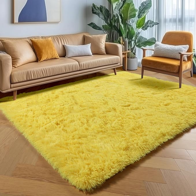 Yellow Rugs for Living Room Bedroom, 5x8 Fluffy Bedside Area Rug, Soft Plush - Image 6