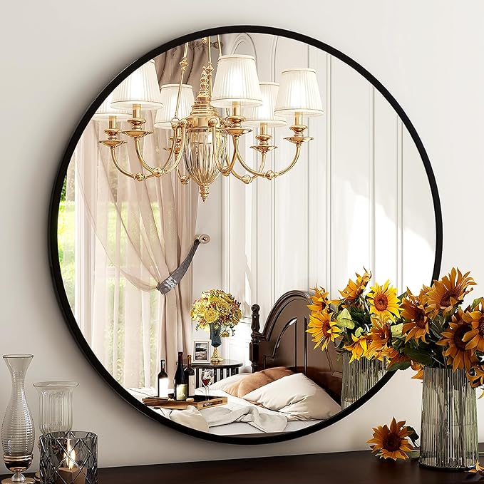 HARRITPURE Round Mirror 18 Black Wall Mounted Circle Mirrors Vanity Mirror with Brushed Aluminum Alloy Frame Modern Decoration for Bathroom, Living Room, Vanity, Bedroom, Entryway