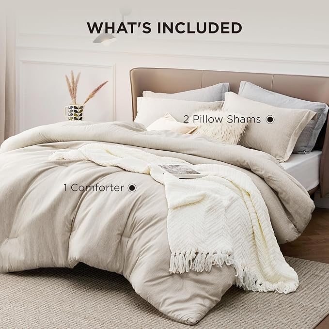 Bedsure Queen Comforter Set - Beige Soft Bedding for All Seasons, Cationic Dyed Bed Set, 3 Pieces, 1 Queen Size Comforter (90"x90") and 2 Pillow Shams (20"x26"+2")